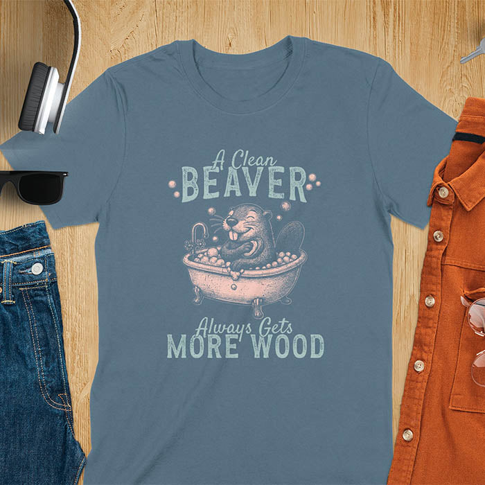 A t-shirt with a cartoon beaver in a bubble bath, holding a scrubber. Text: "A Clean Beaver Always Gets MORE WOOD". This adult humor shirt is a Dark humor shirt, Ironic tee-shirt & Funny meme shirt. A snarky humor designs & funny pun shirts, it's an unhinged meme tshirt for dirty funny adult laughs. An animal person gift, Dark humor tee, mom gift, gift for bff, or Offensive t shirts option.