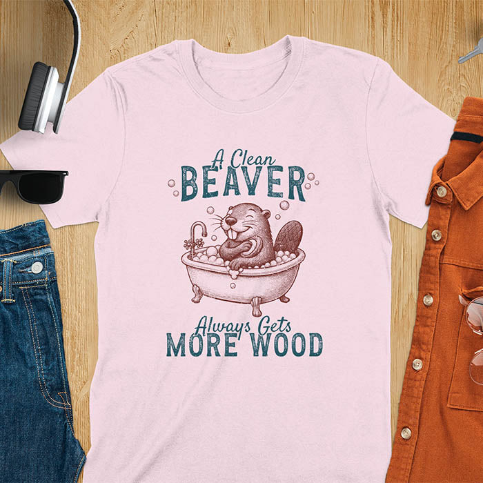 A t-shirt with a cartoon beaver in a bubble bath, holding a scrubber. Text: "A Clean Beaver Always Gets MORE WOOD". This adult humor shirt is a Dark humor shirt, Ironic tee-shirt & Funny meme shirt. A snarky humor designs & funny pun shirts, it's an unhinged meme tshirt for dirty funny adult laughs. An animal person gift, Dark humor tee, mom gift, gift for bff, or Offensive t shirts option.