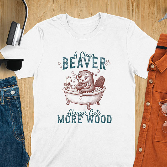 A t-shirt with a cartoon beaver in a bubble bath, holding a scrubber. Text: "A Clean Beaver Always Gets MORE WOOD". This adult humor shirt is a Dark humor shirt, Ironic tee-shirt & Funny meme shirt. A snarky humor designs & funny pun shirts, it's an unhinged meme tshirt for dirty funny adult laughs. An animal person gift, Dark humor tee, mom gift, gift for bff, or Offensive t shirts option.