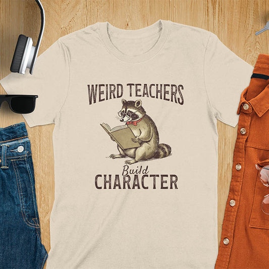 Beige t-shirt with raccoon graphic and text 'Weird Teachers Build Character' on a wooden surface.