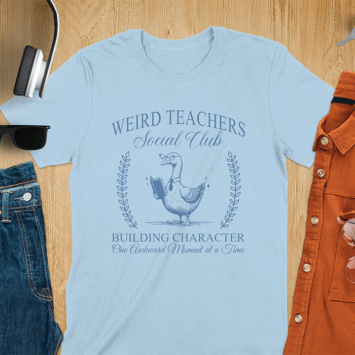 A goose wearing glasses and holding a book, surrounded by text that reads Weird Teachers Social Club and Building Character One Awkward Moment at a Time.