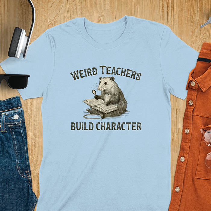 A graphic of an opossum wearing a bow tie, sitting with a big thick book on its lap holding a magnifying glass. The text above reads Weird Teachers and below it says Build Character. Overall yellowish-brown monotone color and distressed effect.
