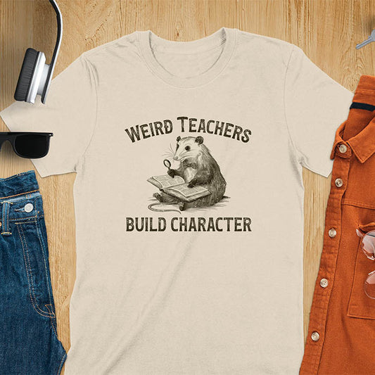 A graphic of an opossum wearing a bow tie, sitting with a big thick book on its lap holding a magnifying glass. The text above reads Weird Teachers and below it says Build Character. Overall yellowish-brown monotone color and distressed effect.