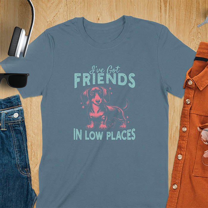 This T-shirt features a vintage-style line art of a happy dachshund looking straight at you with its tail held high. The top text reads, I’ve got friends, and below it says, in low places. Overall in a retro color palette with a distressed texture.