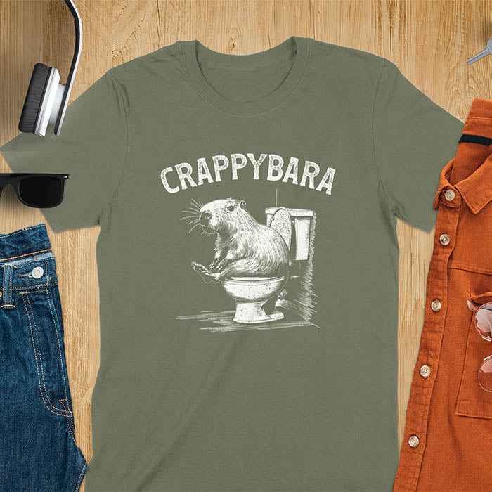 A t-shirt with a capybara on a toilet. Text: "CRAPPYBARA". This Crappybara Tshirt is an inappropriate shirt, offensive shirt & Toilet Humor Gag Gift. A Funny Meme Tee-shirt, Trending meme shirt, genz gen z weirdcore t-shirt. Features Kawaiiness Kawaiiful, Capybara cuteness, Weird capybara gift, Funny Vintage Capybara Shirt. For animal person gift, pet lovers tee, Animal Lover T-shirt, gift mom hers. A Y2K tee-shirt, Vintage Silly Party Tees, shirts that go hard.