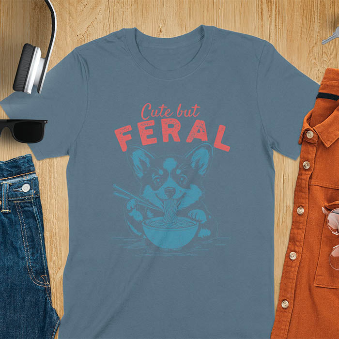 A t-shirt with a corgi eating noodles with chopsticks. Text: Cute but FERAL above. This funny dog shirt features kawaiiness cuteness, a meme graphic tee. A retro dog shirt and vintage dog tee, an animal person gift or gift mom hers. A funny unhinge shirt or weird funny shirt for a dog dad shirt. A comfortable t-shirts option with a trendy tshirt design, a funny animal meme.