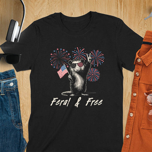 A t-shirt with an opossum wearing patriotic sunglasses. It holds a flag & makes a peace sign, with fireworks behind. Text: "Feral & Free". This unhinged meme tshirt is a merica shirt for Funny 4th of July. A summer tee-shirt with American pride shirt & feral tee-shirt vibes. Features opossum & animal cuteness tee, a feral raccoon shirt for USA Independence Day. A retro america t shirt as an animal person gift or gift for mom.