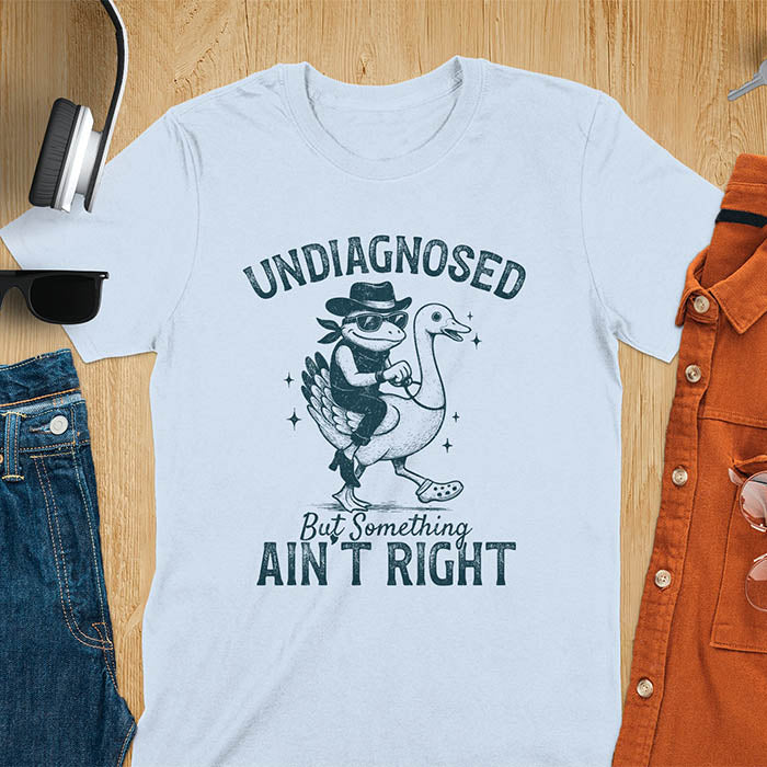 Funny cowboy frog riding goose t-shirt in light blue featuring cartoon frog in cowboy hat and boots riding a goose with text 'UNDIAGNOSED - But Something AIN'T RIGHT