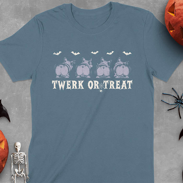 Indigo Blue t-shirt with Funny Halloween Corgi Twerk or Treat T-Shirt - Four Corgis showing their butts in Halloween theme