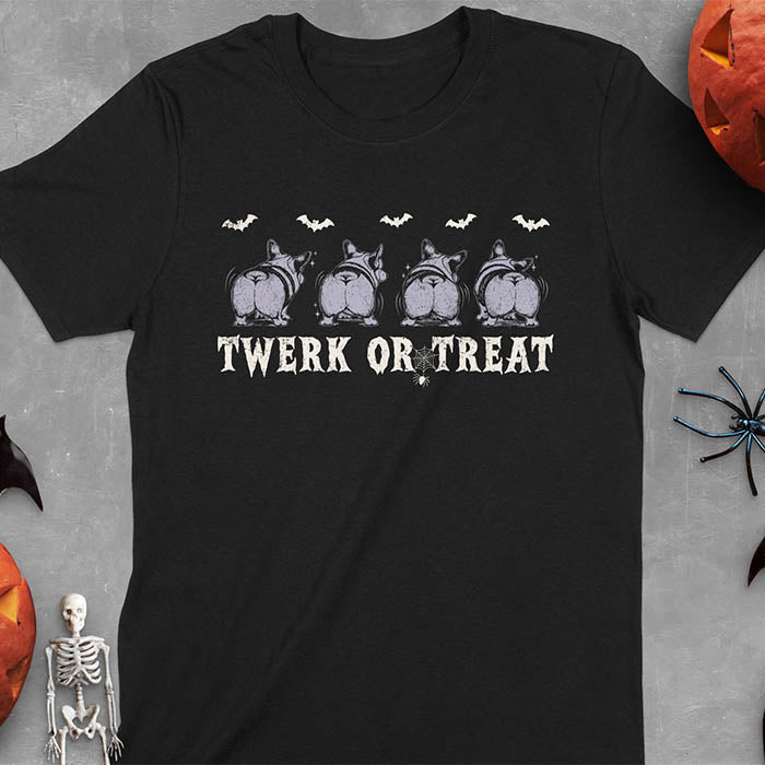 Black t-shirt with Funny Halloween Corgi Twerk or Treat T-Shirt - Four Corgis showing their butts in Halloween theme