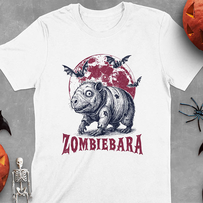 White t-shirt Halloween zombie capybara featuring ZOMBIEBARA design with blood moon and bats