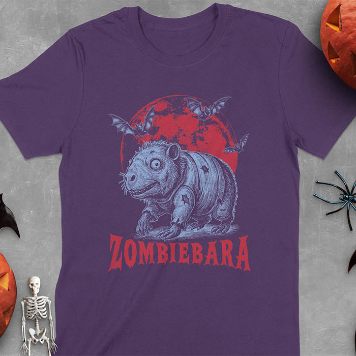 Purple t-shirt Halloween zombie capybara featuring ZOMBIEBARA design with blood moon and bats