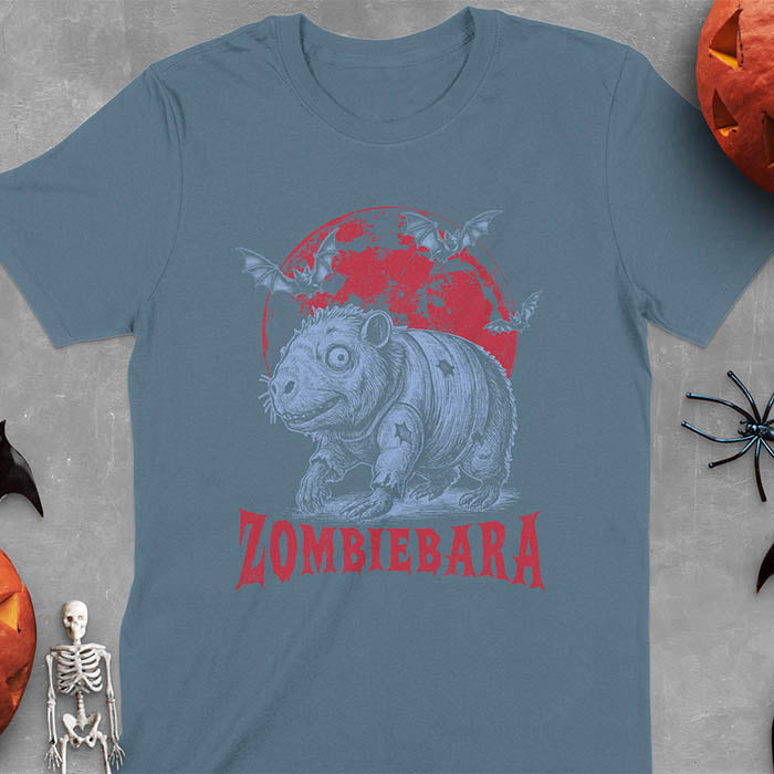 Indigo Blue t-shirt Halloween zombie capybara featuring ZOMBIEBARA design with blood moon and bats