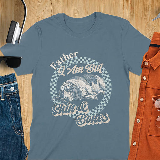 Indigo blue shirt with Basset Hound graphic, retro checkered design and "Father I Am But Skin And Bones" text