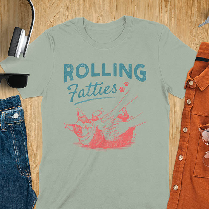 Light Green tee with vintage "Rolling Fatties" text and Boston Terrier rolling on back getting belly rubs graphic