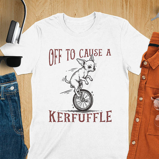 White t-shirt with Chihuahua on unicycle graphic featuring 'Off To Cause A Kerfuffle' text - playful dog meme design