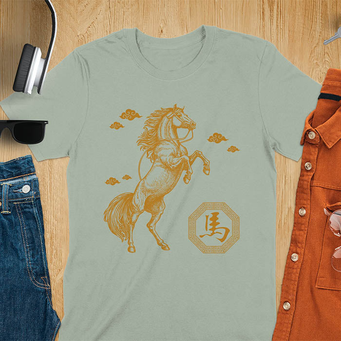 Chinese New Year t-shirt with golden rearing horse, traditional clouds, and Chinese character for horse in octagon - sage green