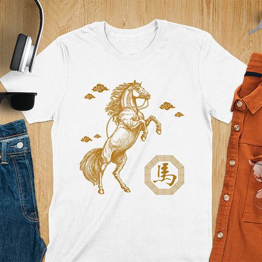 Chinese New Year t-shirt with golden rearing horse, traditional clouds, and Chinese character for horse in octagon - white