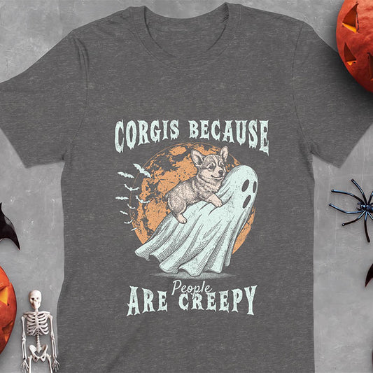 Dark Heather t-shirt with a Halloween graphic of a Corgi puppy sitting on a sheet ghost before a glowing moon with bats, with the text "Corgis Because People Are Creepy" underneath