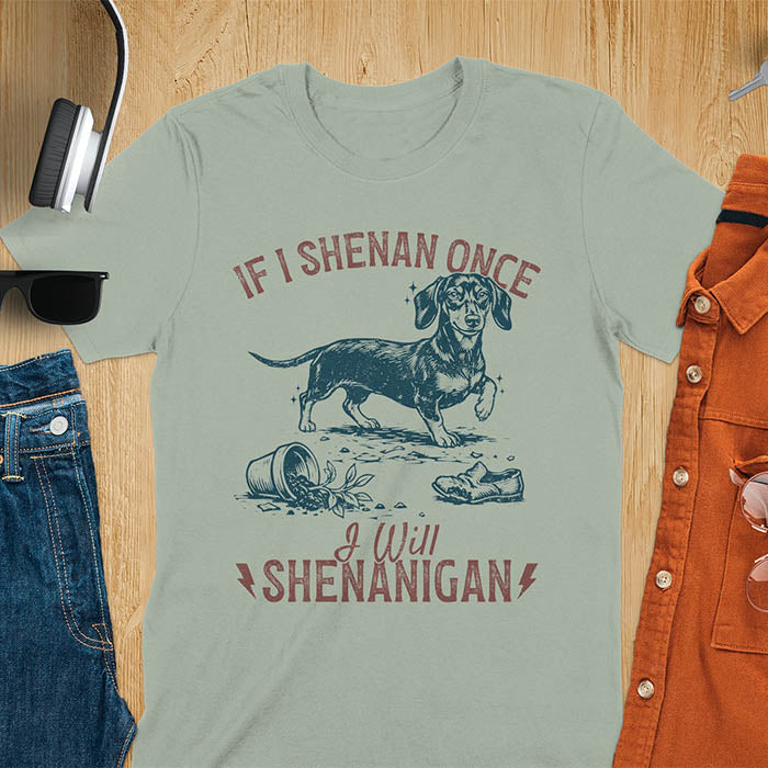 Sage Green t-shirt with If I Shenan Once I Will Shenanigan text and Dachshund illustration surrounded by chaos