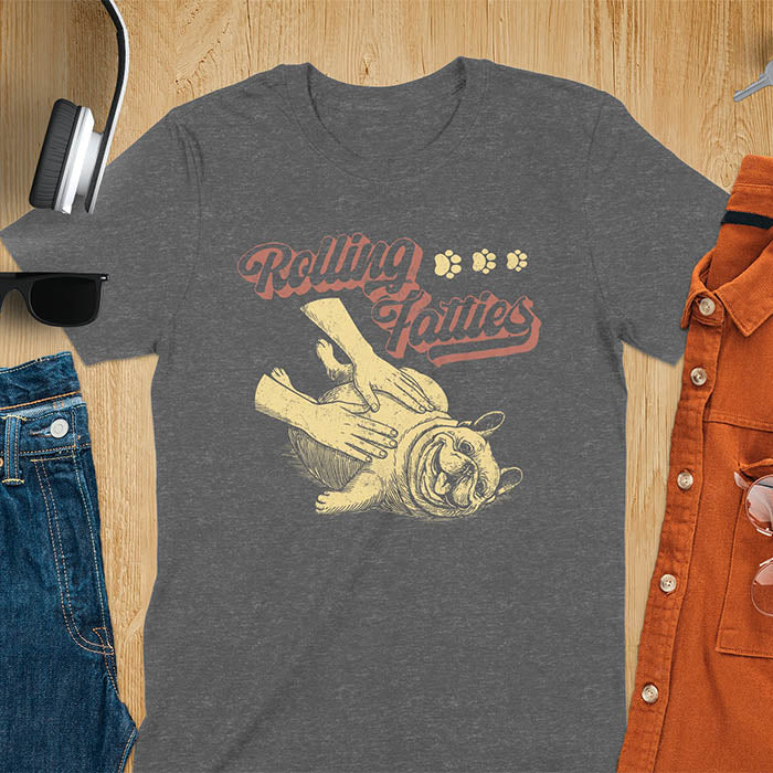 Dark heather t-shirt with Rolling Fatties script text and French Bulldog being petted by human hands in line drawing style.