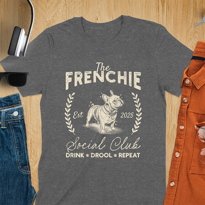 Dark heather t-shirt with vintage French Bulldog graphic design featuring 'The FRENCHIE Social Club' text and Frenchie illustration.