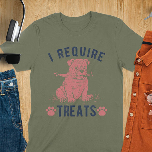 Military Green tee with "I Require Treats" text and grumpy bulldog puppy holding knife in mouth and paw prints vintage graphic