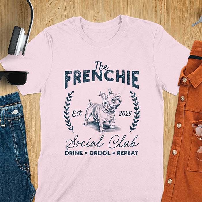 Light pink t-shirt with vintage French Bulldog graphic design featuring 'The FRENCHIE Social Club' text and Frenchie illustration.