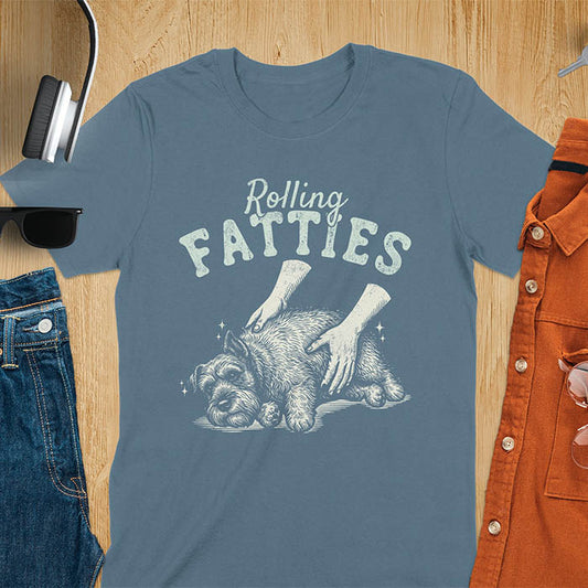 Indigo blue t-shirt with Rolling Fatties text and chubby Schnauzer getting belly rubs illustration