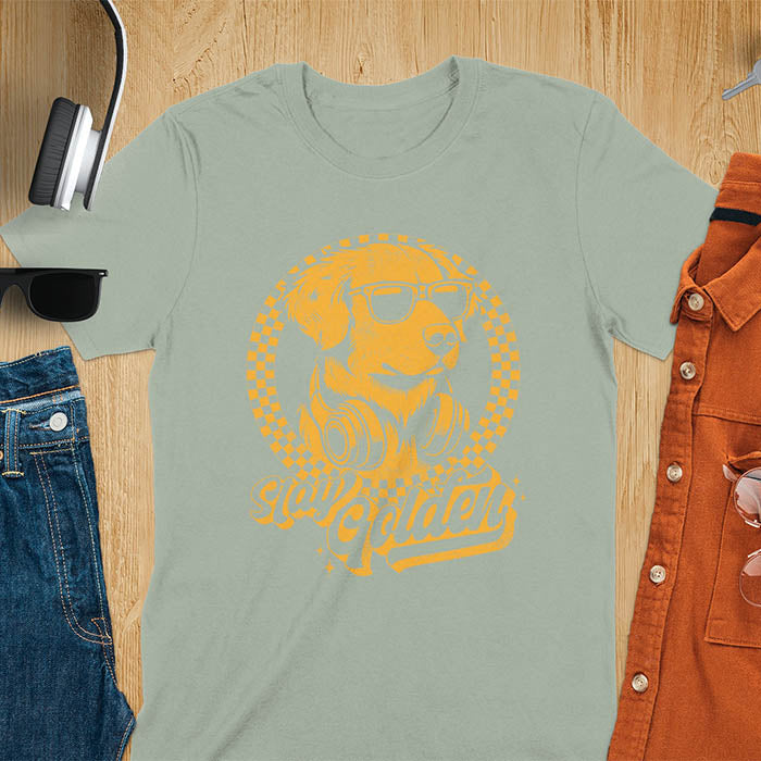 Stay Golden vintage Golden Retriever wearing sunglasses and headphones on sage green t-shirt
