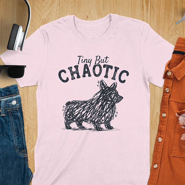 Light pink t-shirt featuring a corgi scribble line art graphic with the text "Tiny But Chaotic" on a wooden flat lay background