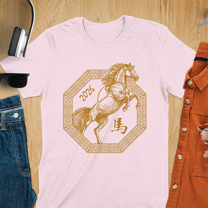 Year of the Horse t-shirt with golden rearing horse in Ba Gua octagon, Chinese character for horse, and 2026 - light pink