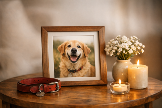 A framed photo of a pet on a table beside a candle, pet collar and flowers