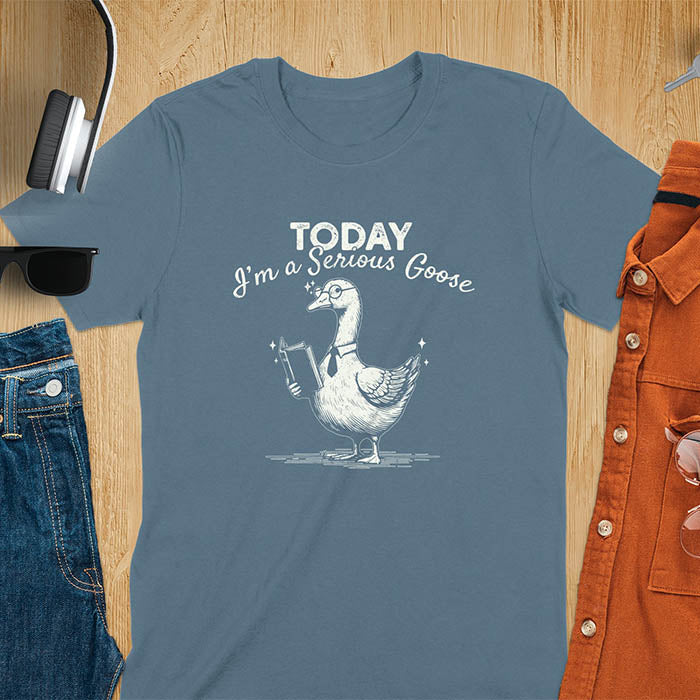 Featuring a retro vintage design with a distressed texture effect, this meme graphic tee showcases a dapper goose standing tall with a tie, collar, spectacles, and an open book in its wing, paired with the cheeky text, Today I’m a Serious Goose.