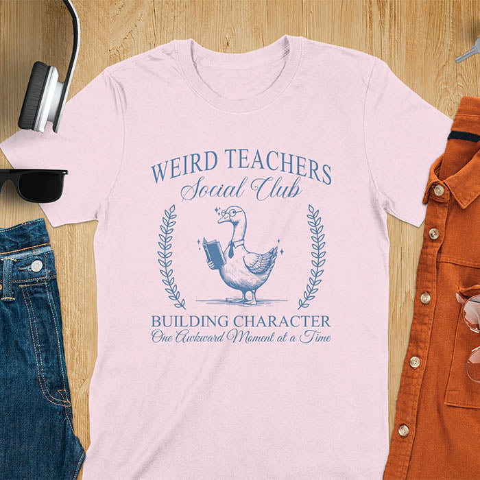 A goose wearing glasses and holding a book, surrounded by text that reads Weird Teachers Social Club and Building Character One Awkward Moment at a Time.