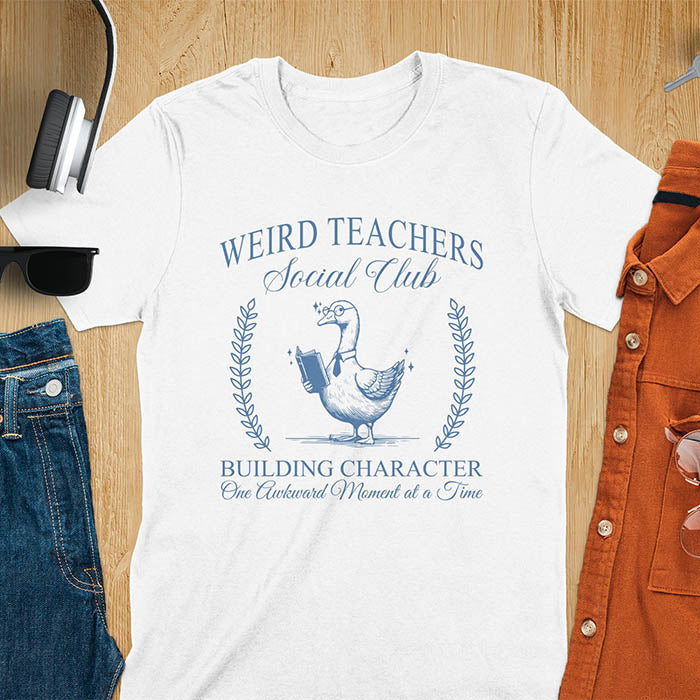A goose wearing glasses and holding a book, surrounded by text that reads Weird Teachers Social Club and Building Character One Awkward Moment at a Time.