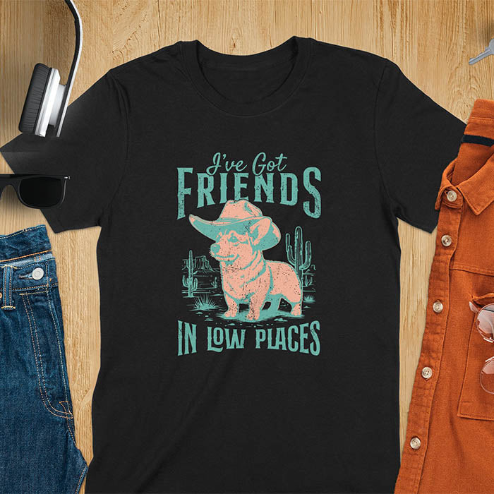 A t-shirt with a corgi wearing a cowboy hat standing in a desert scene with cacti. Text: "I've Got FRIENDS" above and "IN LOW PLACES" below. This retro dog shirt is a corgi shirt and funny dog shirt, a vintage dog tee. A cowboy tshirt for a dog dad shirt and pet owner gift. An animal person gift with cuteness puppy, a meme graphic tee, a mom gift option.