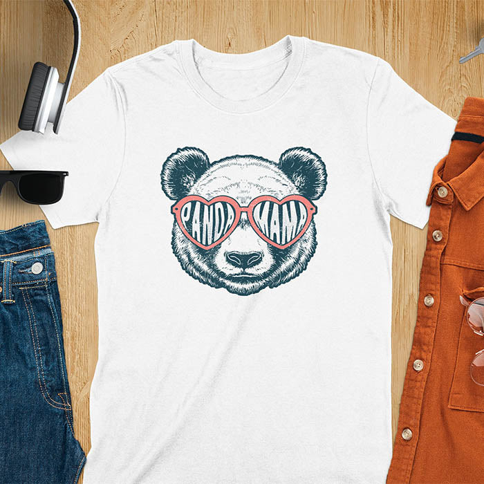 A t-shirt featuring a white panda face with pink heart-shaped sunglasses that spell PANDA MAMA. This mama shirt is a vintage mama t-shirt for a funny animal mom. A mom tee for a gift for mom or gift for grandmother. A mom birthday gift or gift for wife, or an expectant mom gift for a pregnancy announce. A great mother days shirt for mama.