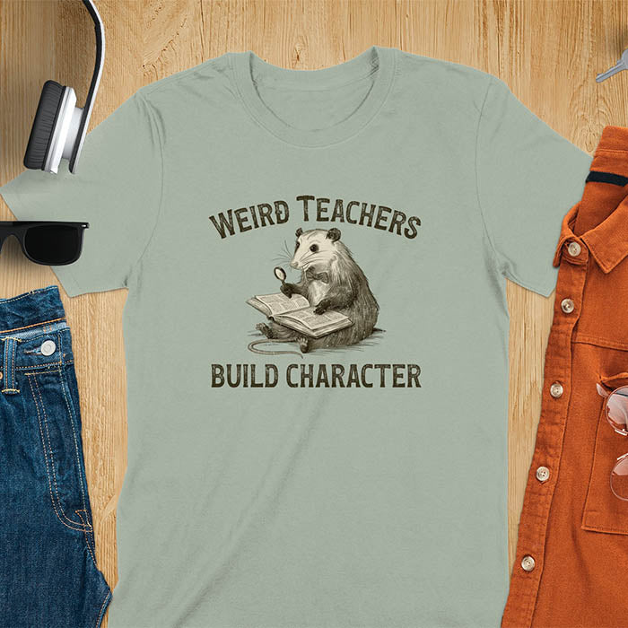 A graphic of an opossum wearing a bow tie, sitting with a big thick book on its lap holding a magnifying glass. The text above reads Weird Teachers and below it says Build Character. Overall yellowish-brown monotone color and distressed effect.