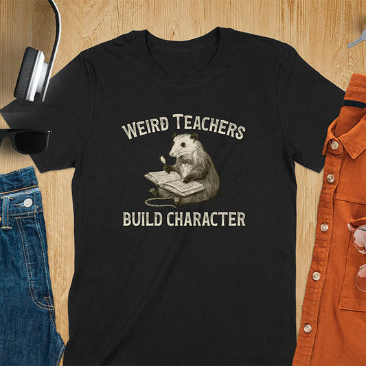 A graphic of an opossum wearing a bow tie, sitting with a big thick book on its lap holding a magnifying glass. The text above reads Weird Teachers and below it says Build Character. Overall yellowish-brown monotone color and distressed effect.