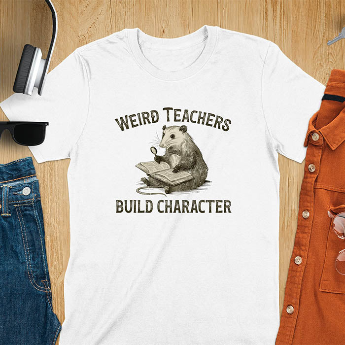 A graphic of an opossum wearing a bow tie, sitting with a big thick book on its lap holding a magnifying glass. The text above reads Weird Teachers and below it says Build Character. Overall yellowish-brown monotone color and distressed effect.