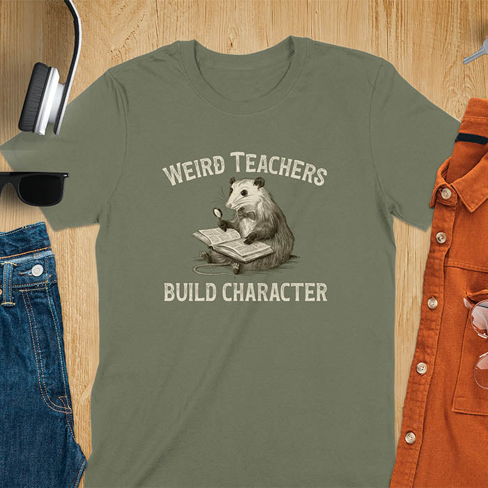 A graphic of an opossum wearing a bow tie, sitting with a big thick book on its lap holding a magnifying glass. The text above reads Weird Teachers and below it says Build Character. Overall yellowish-brown monotone color and distressed effect.