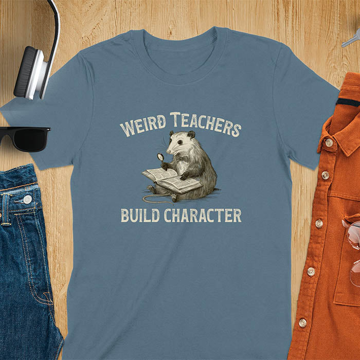 A graphic of an opossum wearing a bow tie, sitting with a big thick book on its lap holding a magnifying glass. The text above reads Weird Teachers and below it says Build Character. Overall yellowish-brown monotone color and distressed effect.