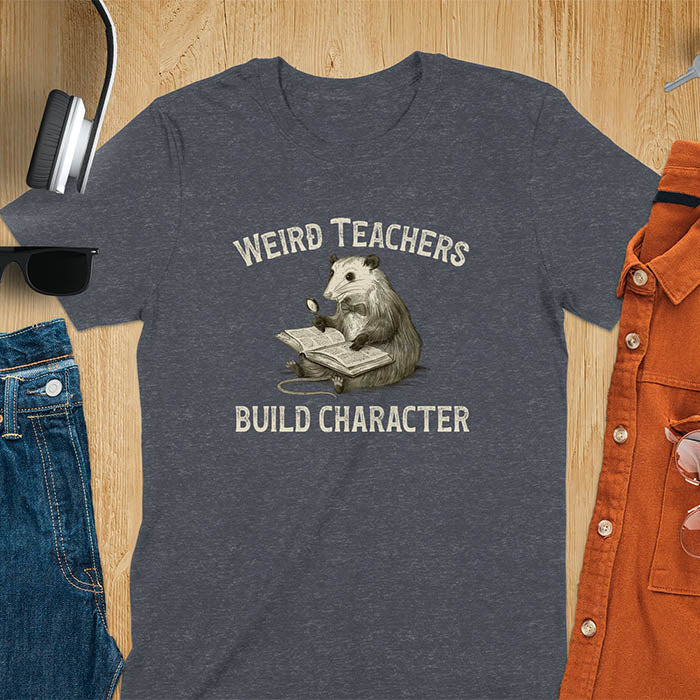 A graphic of an opossum wearing a bow tie, sitting with a big thick book on its lap holding a magnifying glass. The text above reads Weird Teachers and below it says Build Character. Overall yellowish-brown monotone color and distressed effect.