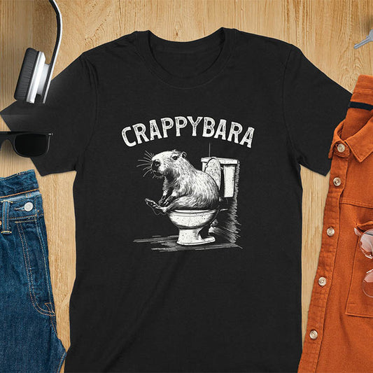 A t-shirt with a capybara on a toilet. Text: "CRAPPYBARA". This Crappybara Tshirt is an inappropriate shirt, offensive shirt & Toilet Humor Gag Gift. A Funny Meme Tee-shirt, Trending meme shirt, genz gen z weirdcore t-shirt. Features Kawaiiness Kawaiiful, Capybara cuteness, Weird capybara gift, Funny Vintage Capybara Shirt. For animal person gift, pet lovers tee, Animal Lover T-shirt, gift mom hers. A Y2K tee-shirt, Vintage Silly Party Tees, shirts that go hard.