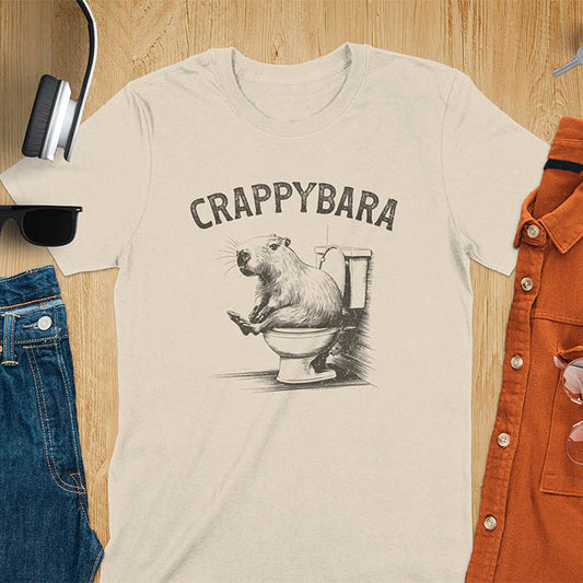 A t-shirt with a capybara on a toilet. Text: "CRAPPYBARA". This Crappybara Tshirt is an inappropriate shirt, offensive shirt & Toilet Humor Gag Gift. A Funny Meme Tee-shirt, Trending meme shirt, genz gen z weirdcore t-shirt. Features Kawaiiness Kawaiiful, Capybara cuteness, Weird capybara gift, Funny Vintage Capybara Shirt. For animal person gift, pet lovers tee, Animal Lover T-shirt, gift mom hers. A Y2K tee-shirt, Vintage Silly Party Tees, shirts that go hard.