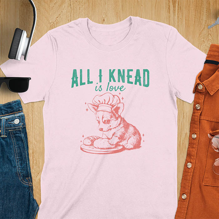 Pink t-shirt with a Corgi wearing chef hat kneading dough on funny baking tee