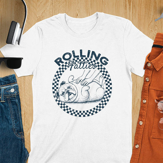 White colored unisex t-shirt featuring 'Rolling Fatties' text in blue lettering above a cute chubby bulldog lying on its back within a blue and white checkered circle border