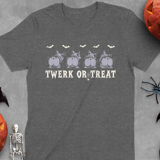 Dark heather t-shirt - Funny Halloween Corgi Twerk or Treat T-Shirt - Four Corgis showing their butts in Halloween theme