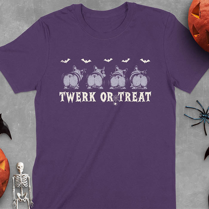 Purple t-shirt with Funny Halloween Corgi Twerk or Treat T-Shirt - Four Corgis showing their butts in Halloween theme